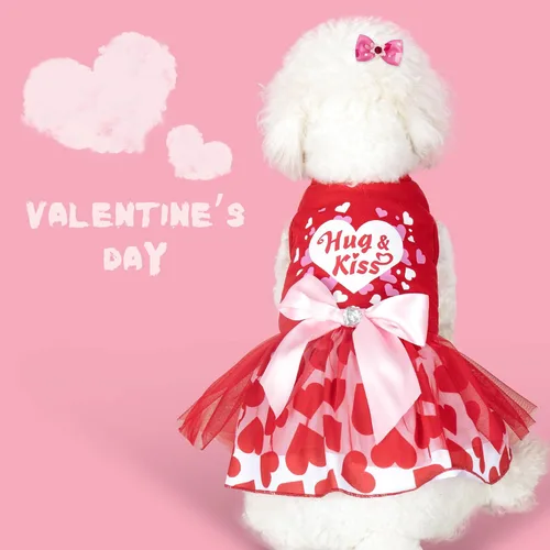 Miniatura 4 de cyeollo Vestido para perro para el día de San Valentín, ropa de vacaciones para perros con estampado de corazón, vestidos de tul para perros