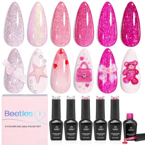 Miniatura 25 de Beetles - Juego de esmaltes de gel azul, esmalte de uñas de gel plateado azul marino oscuro con purpurina, 6 colores, lámpara UV para remojar uñas
