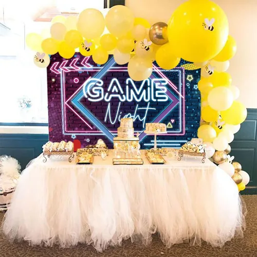 Miniatura 7 de Fondo de fotografía de lámpara de neón para noche de juegos, decoración de mesa de pastel, decoración de mesa, telón de fondo para fotos, 5 x 3 pies