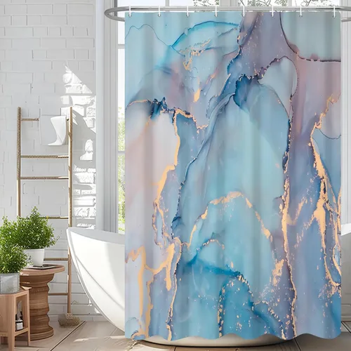 Miniatura 69 de Cortina de ducha abstracta de mármol negro gris y dorado con grietas, cortina de baño moderna ombre impresa, cortina impermeable y lavable de tela