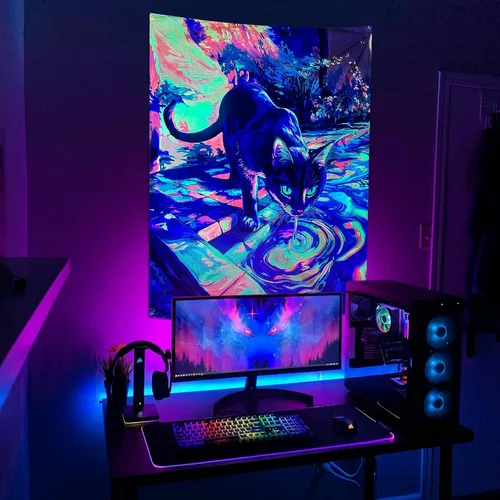Miniatura 2 de Spenlife Blacklight - Fantástico tapiz de gato negro, tapiz de pared de gato reactivo que brilla con rayos UV para decoración de habitación, tapiz
