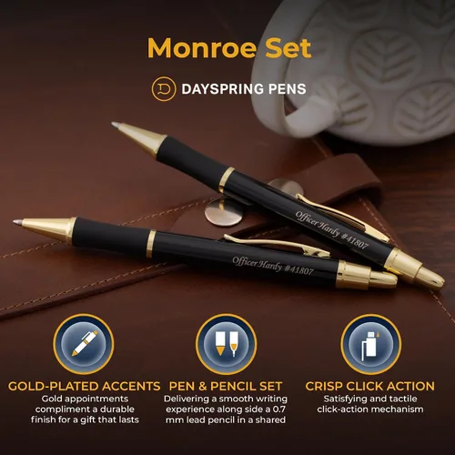 Miniatura 4 de Dayspring Pens Monroe - Juego de bolígrafo y lápiz, laca negra con detalles dorados, grabado personalizado: graduación, promoción, aniversario