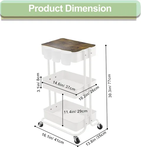 Miniatura 3 de Mesa auxiliar de almacenamiento de 3 niveles de metal con tablero de cubierta y asa para oficina, hogar, cocina, organización, color negro