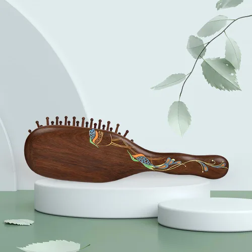 Miniatura 5 de TAN MUJIANG Cepillo de pelo de madera para mujer, masaje de cuero cabelludo, antiestático, pavo real, 1 unidad