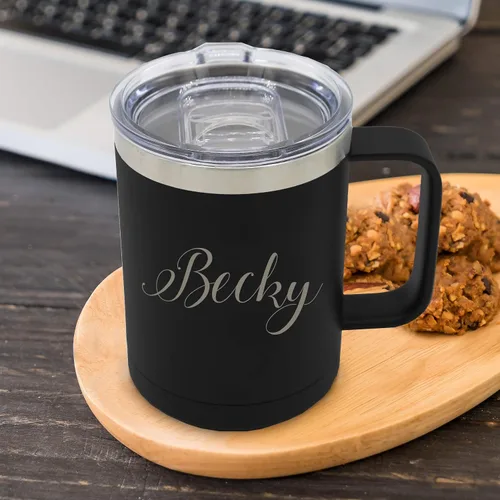 Miniatura 2 de My Personal Memories Taza de café personalizada con aislamiento de 15 onzas con asa y tapa, monograma y grabado con tu texto (negro)