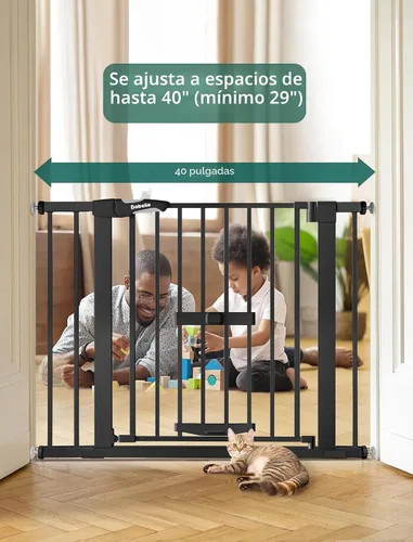 Miniatura 7 de BABELIO Nueva Versión Puerta de Bebé con Puerta para Gatos Ajustable, Puerta de Mascotas de Metal de 29-40" para Escaleras y Puertas, Montaje a Negro