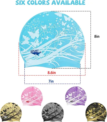 Miniatura 2 de Gorro de natación de silicona impermeable suave para niñas de verano para piscina de mar, gorro de baño para cabello largo Mariposa azul