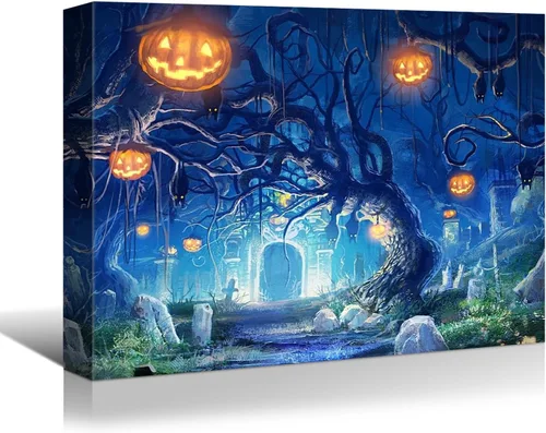 Miniatura 12 de YONICA Lienzo decorativo de Halloween para pared de sala de estar, decoración del hogar, árbol de Halloween y luna llena sobre lienzo, obra de arte