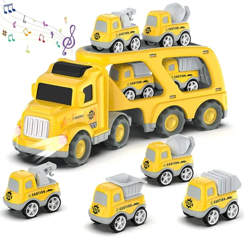 Miniatura 8 de Veslier Camiones de Juguete para Niños de 2, 3, 4, 5 Años, Camiones de Construcción y Transporte para Niños Pequeños de 2-4 Años con 4 Coches