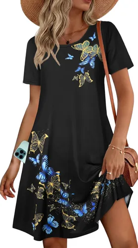 Miniatura 21 de Vestidos de verano para mujer, informales, holgados, estilo camiseta, florales, de manga corta, con vuelo y bolsillos, para la playa