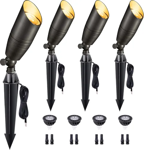 Miniatura 18 de Gardenreet Focos de paisaje de bajo voltaje - Luz superior LED de latón 12V para exterior, luces focales cableadas IP65 impermeables, enfoque