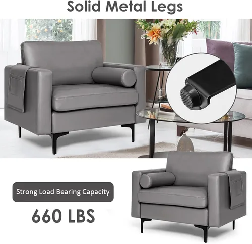 Miniatura 8 de Giantex Sofá individual, silla decorativa, sillón con cojín cómodo, bolsillos para revistas, sala de estar, silla de ocio tapizada para dormitorio