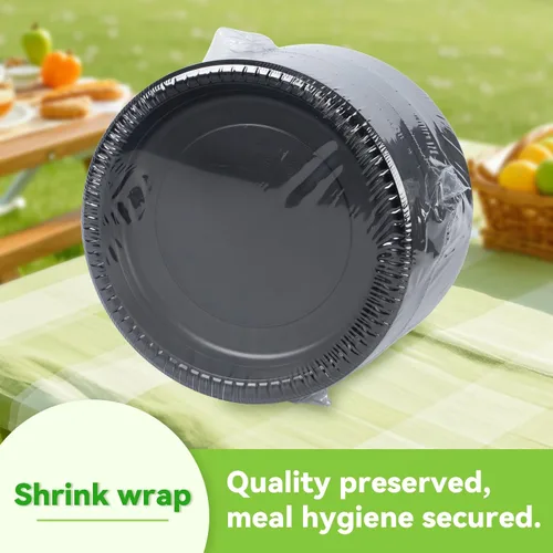 Miniatura 5 de Paquete de 150 platos de plástico negro de 9 pulgadas, envoltura retráctil, listos para usar Heavy Duty BPA Free Mineral Filled PP Microwave &