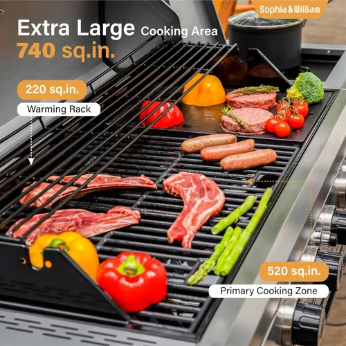 Miniatura 5 de Sophia & William Parrilla de barbacoa de gas propano de 6 quemadores con quemador lateral y rejillas de hierro fundido esmaltado de porcelana, combo