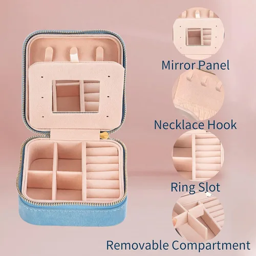 Miniatura 3 de Joyero de terciopelo de viaje con espejo, mini estuche de regalo para mujeres y niñas, pequeñas cajas organizadoras portátiles para anillos, aretes