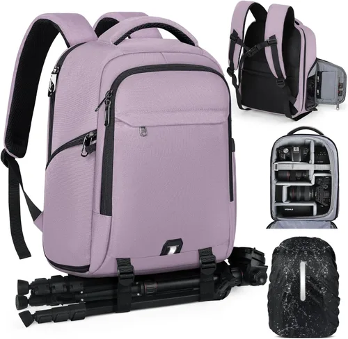 Miniatura 13 de RAINSMORE Mochila para cámara para fotógrafos DSLR SLR SLR sin espejo con cubierta impermeable para lluvia y compartimento para laptop, se adapta a