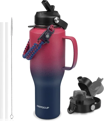 Miniatura 17 de ABOTOCUP Botella de agua de 40 onzas, botella de agua aislada con asa y tapas con popote, botella de agua de acero inoxidable que cabe en cualquier