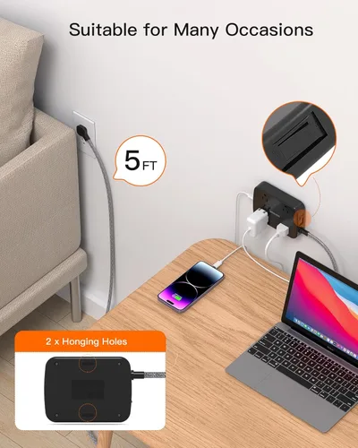 Miniatura 6 de Regleta de alimentación con protector de sobretensiones de 10 pies, cable de extensión plano con 2 USB C, regleta de alimentación de enchufe plano