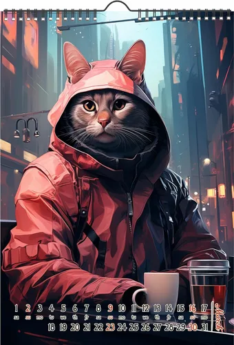 Miniatura 3 de Calendario de pared 2025 [12 páginas de 8 x 12 pulgadas] Gatos con coloridas chaquetas y gafas de sol Cyberpunk Póster de ilustración de libro