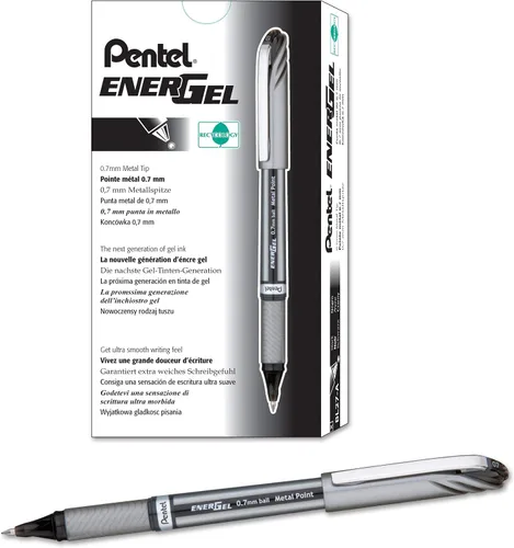 Pentel EnerGel NV - Bolígrafo de gel líquido, (0.028 in), línea media, con tapa, punta de metal, tinta negra, caja de 12 unidades (BL27-A)
