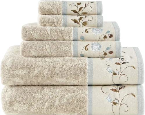 Madison Park Serene - Juego de toallas de baño 100% algodón con diseño floral lujoso bordado en algodón jacquard, toallas decorativas para baño,