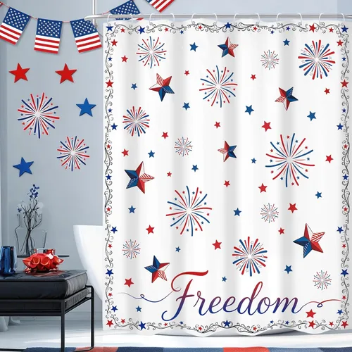 Independence Day Memorial Day 60Wx72H Shower Curtain Patriotic 4th of July Red White Blue American Stars Firework Freedom Bathroom Curtain Set