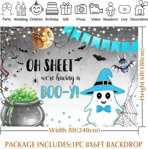 Miniatura 3 de Avezano Telón de fondo de Halloween para baby shower, con texto en inglés "We Having a Boo-y", lindo fantasma azul, decoración de baby shower