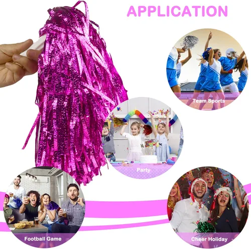 Miniatura 5 de Lovecheer 12/24 Piezas de Pompones Metálicos Pompones de Animadora Espumosos Brillantes con Mango Espíritu de Equipo Deportivo para Baile y Rosa