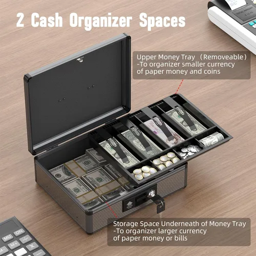 Miniatura 2 de Caja de Efectivo con Cerradura con Bandeja para Dinero y Llave, Caja Fuerte Segura para Efectivo, Caja de Dinero Portátil con Espacios