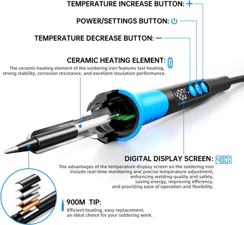 Miniatura 4 de Kit de soldador, pistola de soldadura digital LCD de 90W 110V, herramienta de kit de soldador de 12 en 1, temperatura ajustable de 180-480°C, 5 Azul