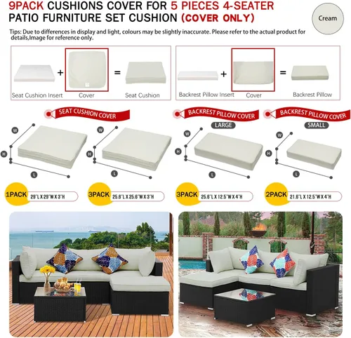 Miniatura 5 de ClawsCover (No elástico), juego de 9 fundas de cojín de patio, cojines de muebles de exterior y fundas de almohada de repuesto, apto para 5 piezas