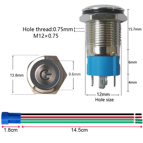 Miniatura 3 de Gebildet Interruptor de botón de bloqueo automático de acero inoxidable de 0.47 pulgadas/0.472 in, 12 V-24 V, 3 A, símbolo de alimentación, LED