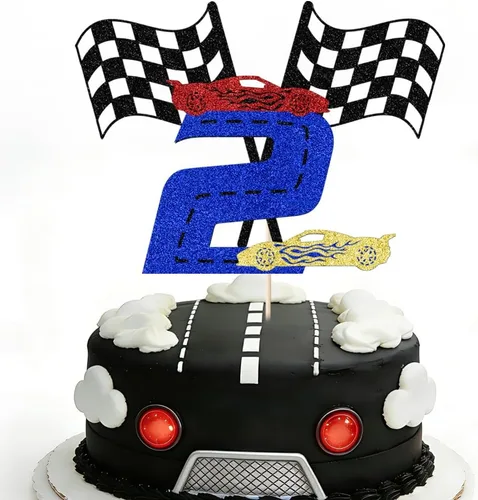Miniatura 5 de Sleyberoy Decoración de pastel de coche de carreras con bandera a cuadros, decoración de pastel de karting, temática de carreras deportivas