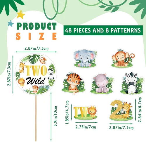Miniatura 2 de Weecent 48 adornos para cupcakes salvajes, dos decoraciones de cumpleaños salvajes para niños, decoración de tartas de animales de la selva, Dos