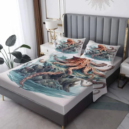 Miniatura 8 de Octopus Sheets - Juego de sábanas de tamaño individual, sábanas de microfibra suave, bolsillo profundo, sábanas y fundas de almohada estampadas sin