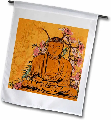 3dRose Fl_116366_1 - Estatua de Buda con preciosas flores de Sakura japonesas rosas inspiradas en Asia Bandera de jardín, 12 x 18 pulgadas