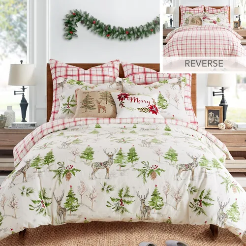 Levtex Home - Juego de edredón con campanillas de trineo - Edredón individual 68x88 + una funda de almohada estándar 20x26 - Árbol de Navidad y reno