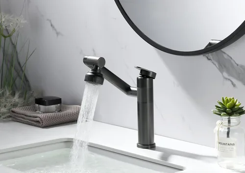 Miniatura 7 de Pistola de grifo de baño giratoria de 1080 grados, grifo de lavabo gris, 1 mango, rociador de ángulo grande, extensor de boquilla de aireador Gris