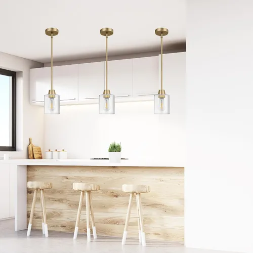 Miniatura 8 de Paquete de 3 luces colgantes de latón para isla de cocina, lámpara moderna dorada de cristal transparente, varillas ajustables con múltiples