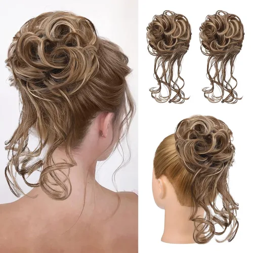 Miniatura 8 de HOOJIH 2 piezas de moño despeinado, recogido despeinado con mechones, extensiones de moño de cabello ondulado rizado, envoltorio de cabello, cola