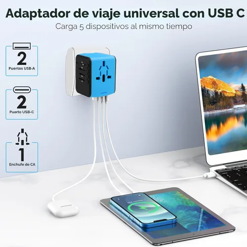 Miniatura 2 de JMFONE Adaptador de viaje universal con 4 puertos USB C/A y salidas de CA, adaptador de enchufe de alimentación internacional todo en uno para todos