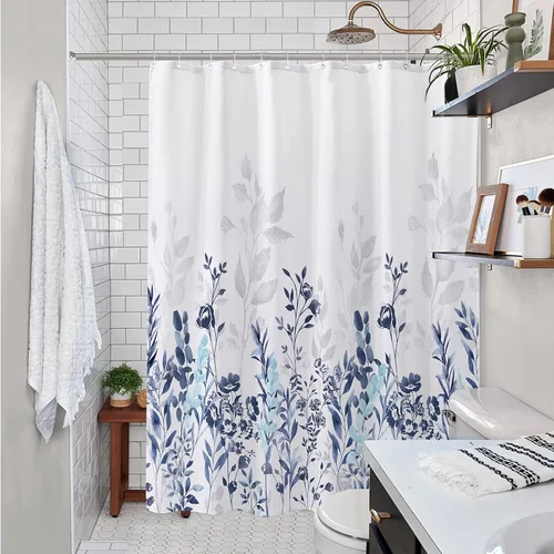 Miniatura 3 de Neasow Cortina de ducha azul y gris, cortina de baño floral de acuarela verde azulado y blanco, 72 x 72 pulgadas
