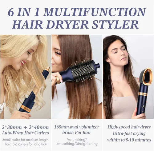 Miniatura 4 de Set de Cepillo Secador de Pelo 6 en 1 y Rizador de Cabello, Cepillo Alisador de Aire Caliente para Secado Rápido, Alisado y Volumización, Sin Daño