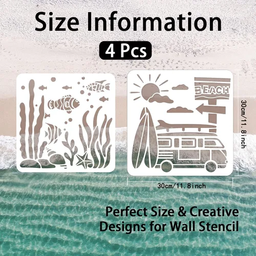 Miniatura 2 de INFUNLY Plantillas de playa de verano para pintar sobre madera de 11.8 pulgadas, plantillas de océano reutilizables, delfín, algas marinas