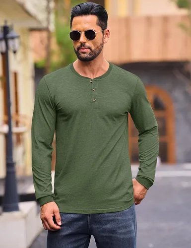 Miniatura 3 de Cotrasen Camisas Henley de Manga Larga para Hombre Camisetas de Algodón con 3 Botones Tops Casuales Básicos de Moda