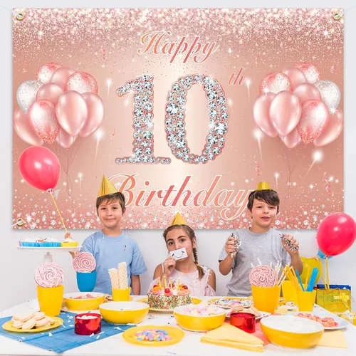Miniatura 6 de Fondo de pancarta de feliz cumpleaños 10 – Suministros de decoración de fiesta de cumpleaños 10 para niñas o niños – Oro rosa 4 x 6 pies