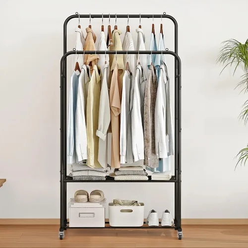 Miniatura 2 de SUOERNUO Perchero con ruedas para ropa, estante para colgar ropa resistente, estante metálico enrollable para dormitorio, armario (Negro)