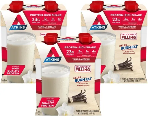 Miniatura 2 de Atkins Batido de proteína de vainilla tamaño comida, 0.81 oz de proteína y fresa batido, 0.57 oz de proteína, bajo glucémico, 0.71 oz