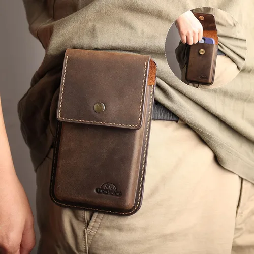 Miniatura 2 de Topstache Funda de cuero grande para cinturón, funda de celular con clip para S23/S22, bolsa de cuero para iPhone 14 Pro/14 marrón oscuro