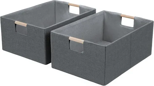 Miniatura 13 de Cubos de almacenamiento de tela plegables, 2 paquetes de cestas de almacenamiento de tela con asas de madera, contenedores organizadores plegables